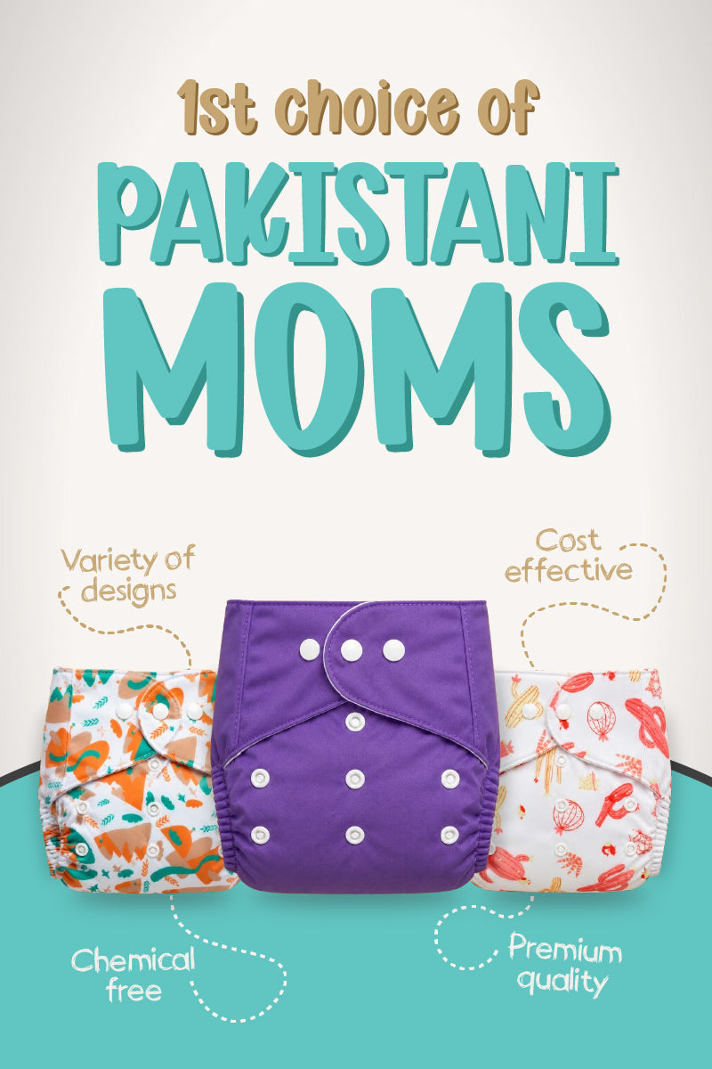 Promotional graphic for reusable cloth diapers with the headline '1st choice of PAKISTANI MOMS' above three diaper examples. The center diaper is purple with white snap closures, flanked by two patterned diapers in orange, teal, and white.